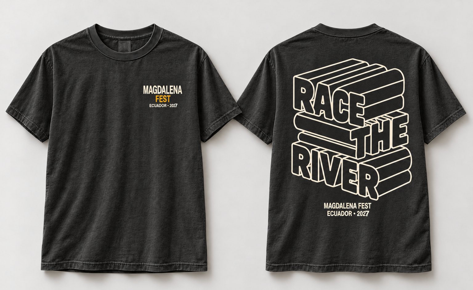 Black T-shirt with a cream Race the River design on the back