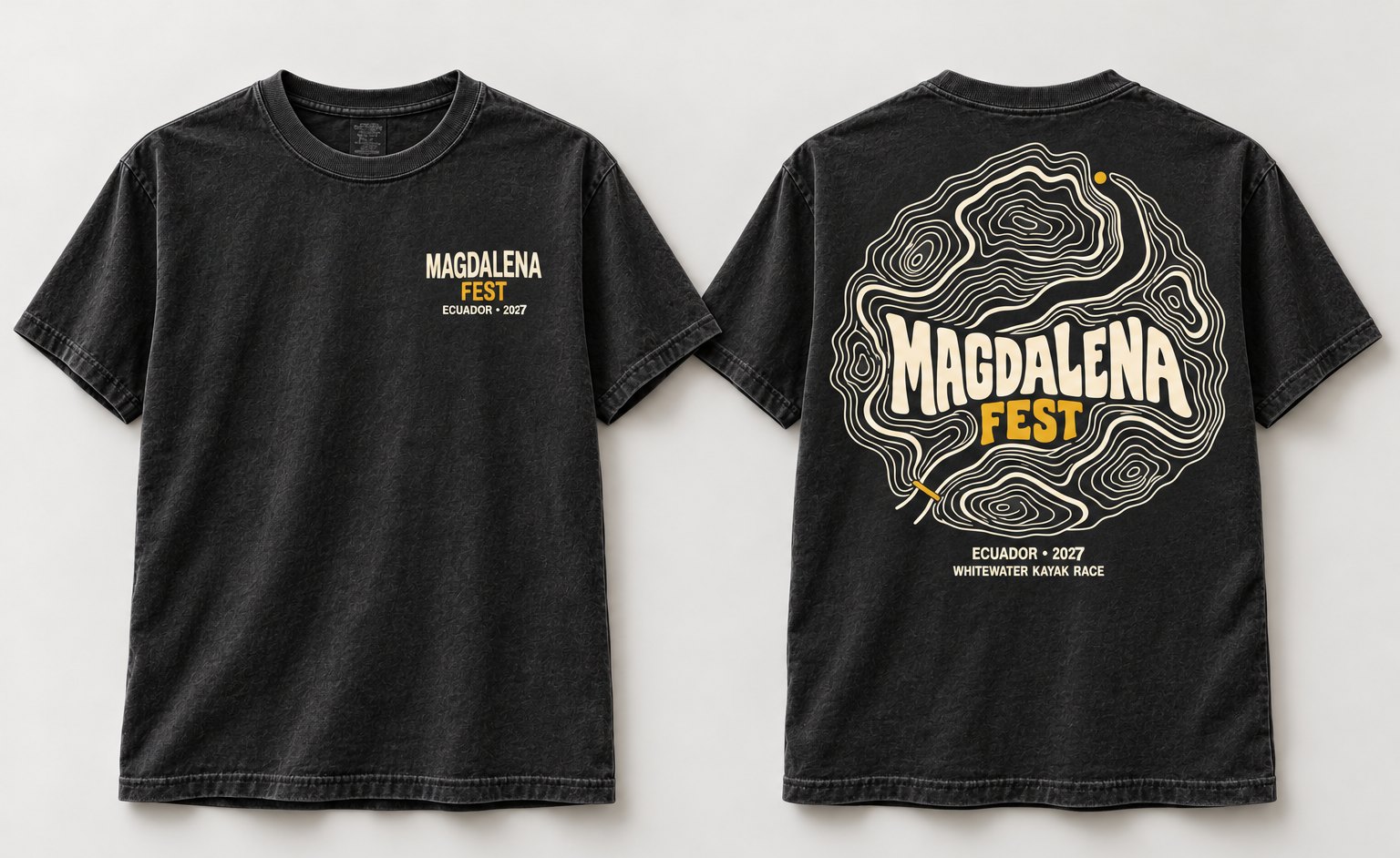 Black T-shirt with the cream and yellow topographic race-course design on the back
