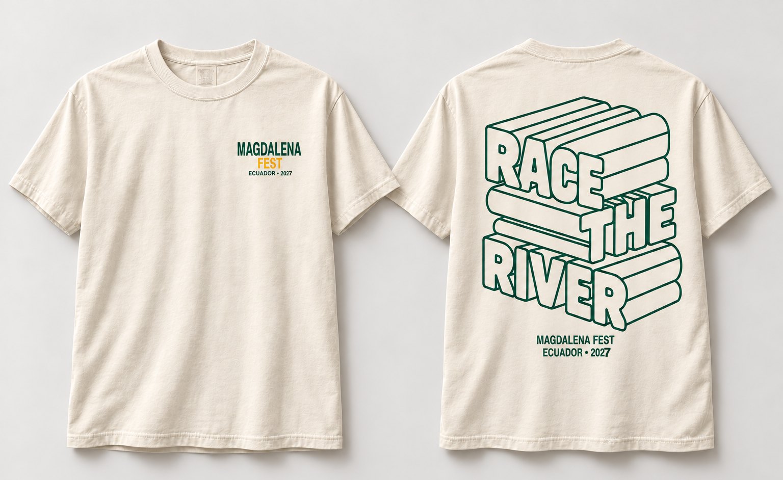 Cream T-shirt with a green Race the River design on the back