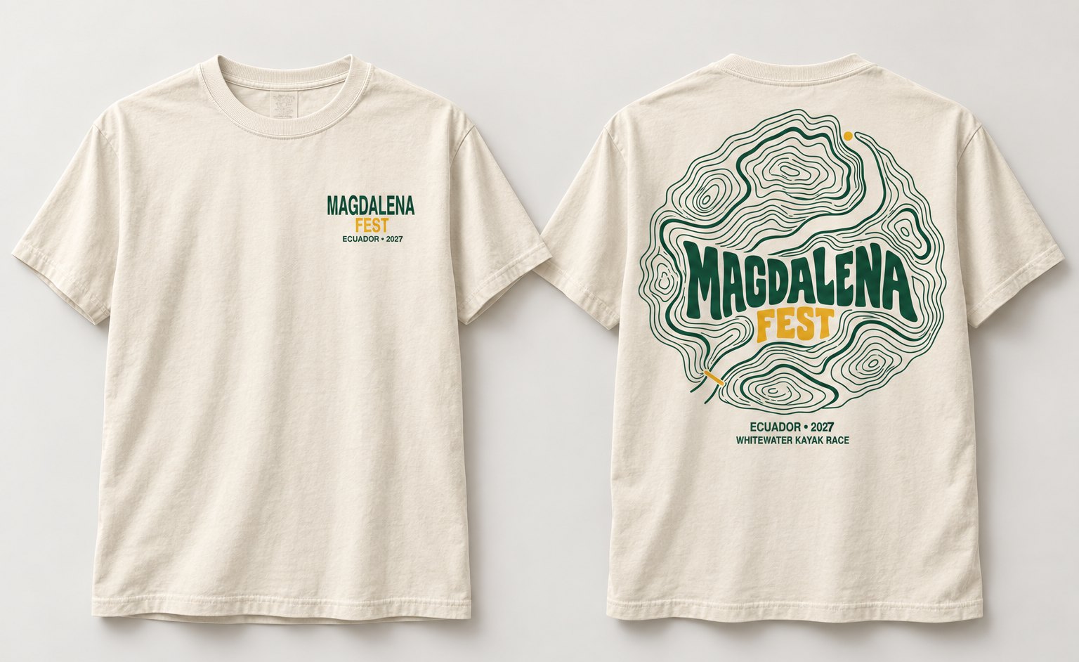Cream T-shirt with the green and yellow topographic race-course design on the back