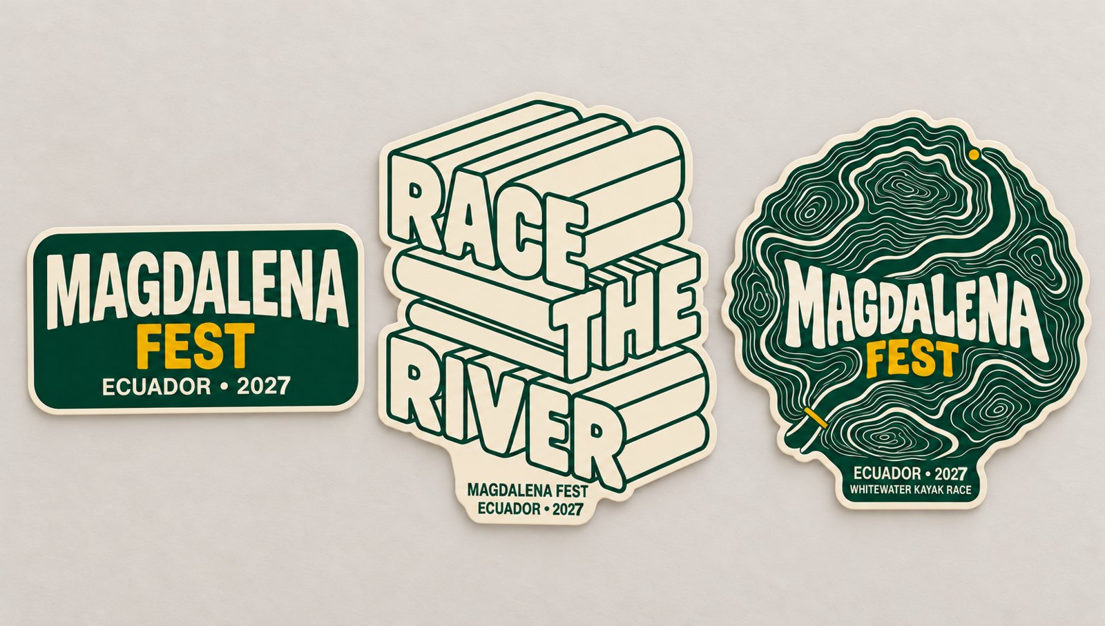 Three Magdalena Fest stickers: a green logo rectangle, a Race the River stack and the topographic race-course badge